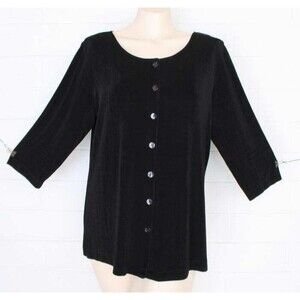 Chico's Travelers 2 L 12 14 Jet Black Button Front 3/4 Sleeve Tunic Top